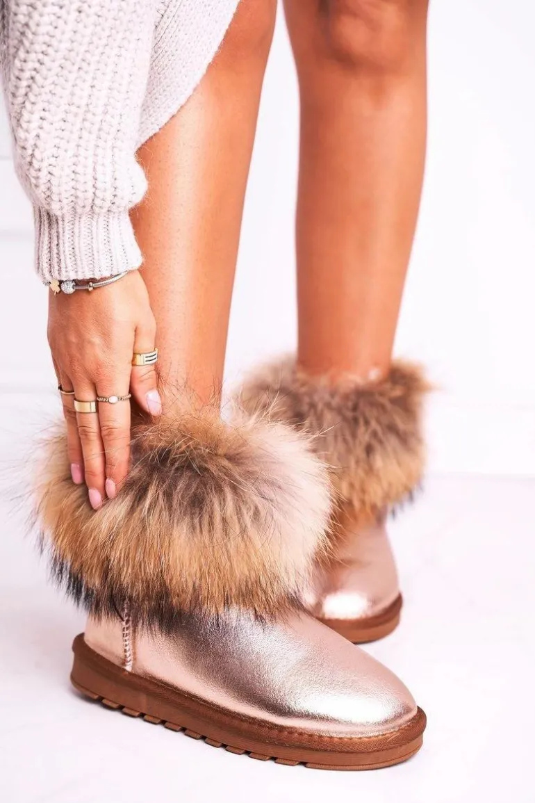 Damskie Skórzane Śniegowce Z Futerkiem Champagne Alexa