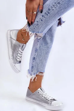 Damskie Skórzane Niskie Trampki Big Star LL274016 Srebrne