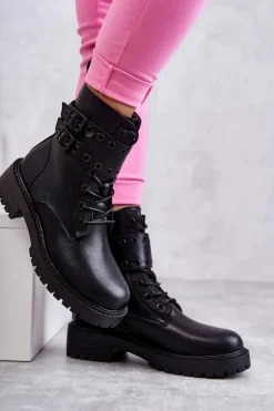 Damskie Skórzane Ocieplane Botki Czarne Silvor