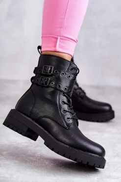 Damskie Skórzane Ocieplane Botki Czarne Silvor