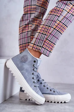 Damskie Skórzane Ocieplane Trampki Big Star EE274115 Jasnoniebieskie