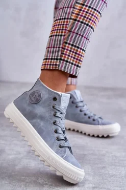 Damskie Skórzane Ocieplane Trampki Big Star EE274115 Jasnoniebieskie