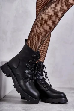 Damskie Skórzane Ocieplane Botki Ze Ściągaczem Czarne Helia