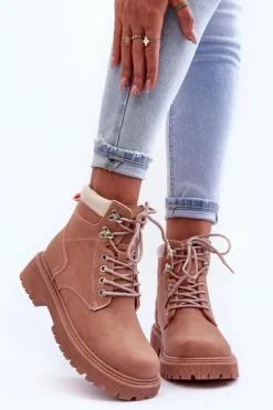 Damskie Skórzane Ocieplane Trapery Różowe Poles