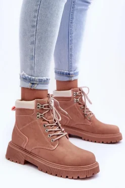 Damskie Skórzane Ocieplane Trapery Różowe Poles