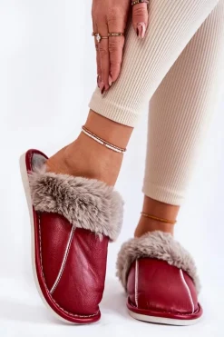 Damskie Skórzane Papcie Z Futerkiem Czerwone Rossa