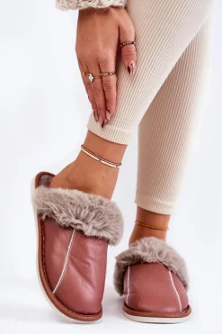 Damskie Skórzane Papcie Z Futerkiem Ciemnoróżowe Rossa