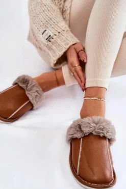 Damskie Skórzane Papcie Z Futerkiem Brązowe Rossa