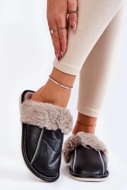 Damskie Skórzane Papcie Z Futerkiem Czarne Rossa