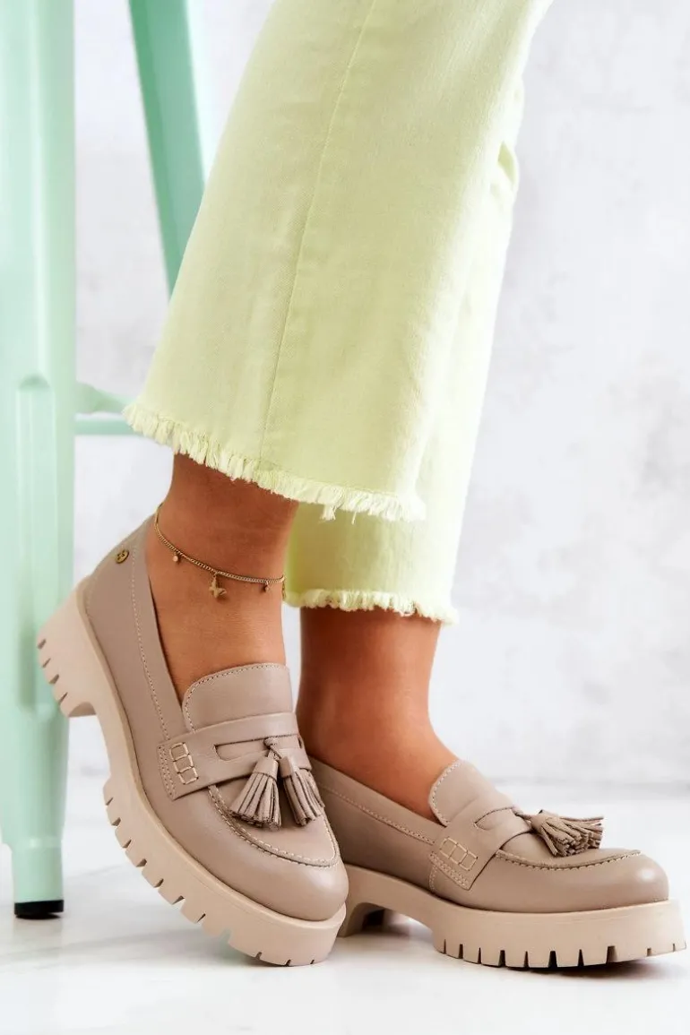 Damskie Skórzane Półbuty Frędzle Maciejka 05497-04 Beżowe