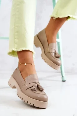 Damskie Skórzane Półbuty Frędzle Maciejka 05497-04 Beżowe