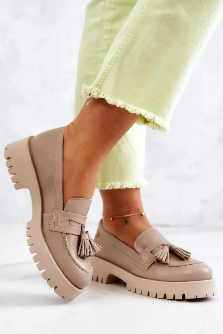 Damskie Skórzane Półbuty Frędzle Maciejka 05497-04 Beżowe