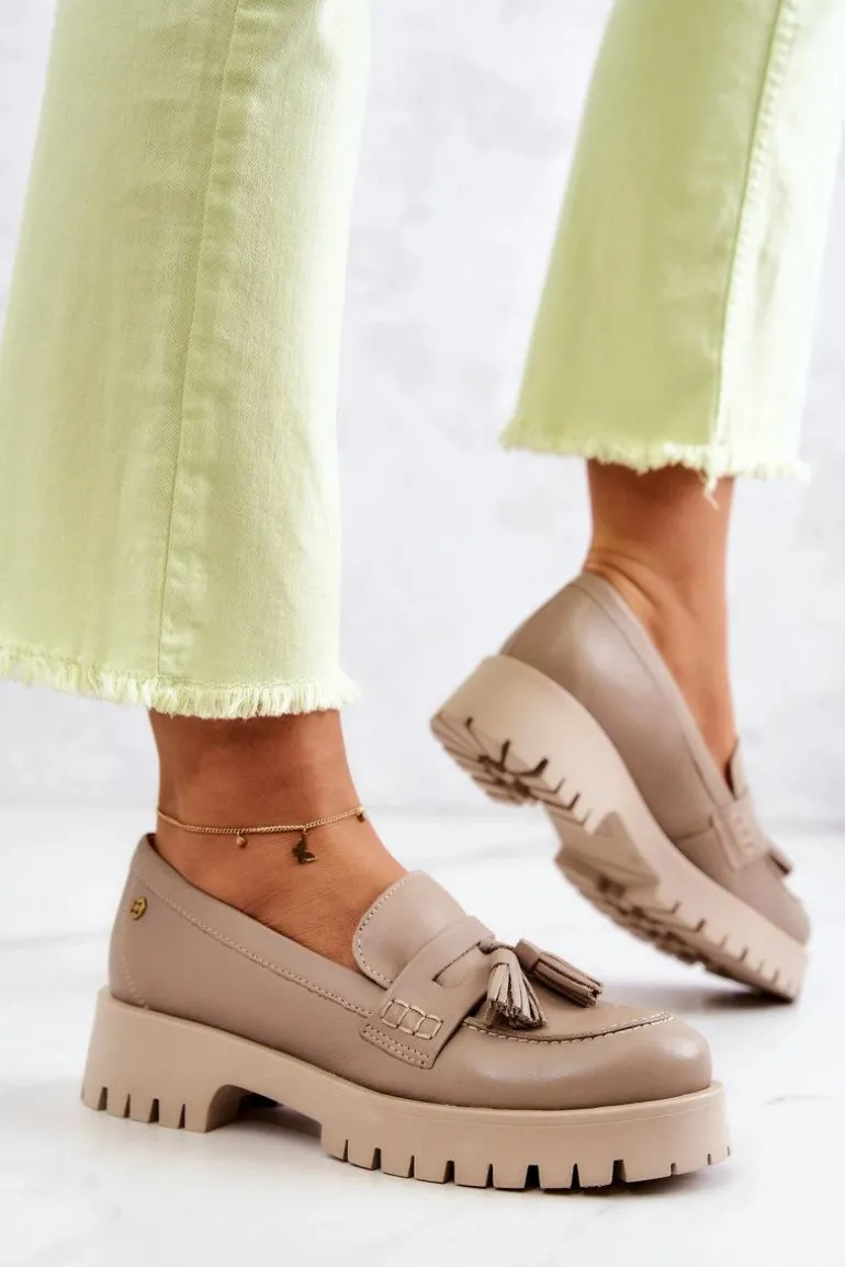 Damskie Skórzane Półbuty Frędzle Maciejka 05497-04 Beżowe