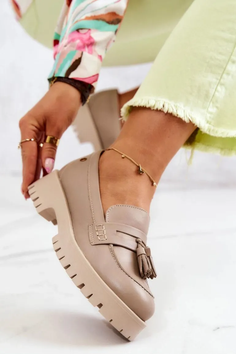 Damskie Skórzane Półbuty Frędzle Maciejka 05497-04 Beżowe