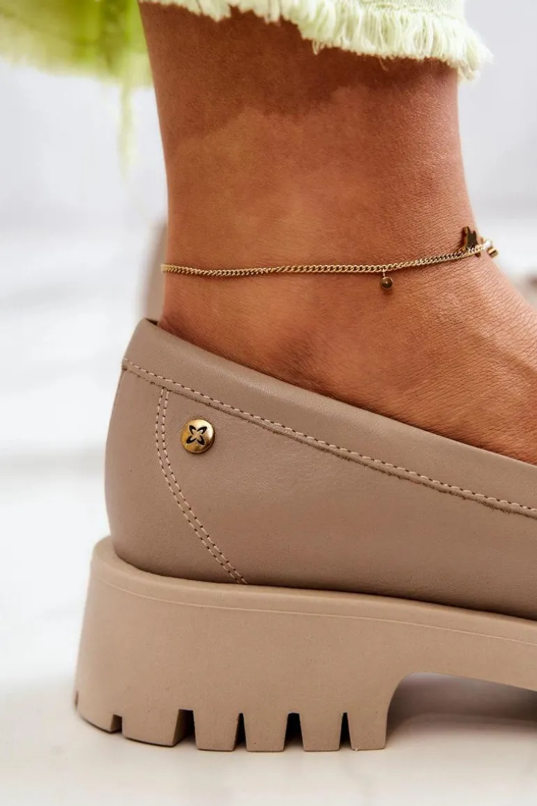 Damskie Skórzane Półbuty Frędzle Maciejka 05497-04 Beżowe