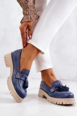 Damskie Skórzane Półbuty Frędzle Maciejka 05497-17 Niebieskie