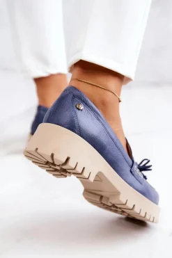 Damskie Skórzane Półbuty Frędzle Maciejka 05497-17 Niebieskie