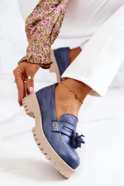 Damskie Skórzane Półbuty Frędzle Maciejka 05497-17 Niebieskie