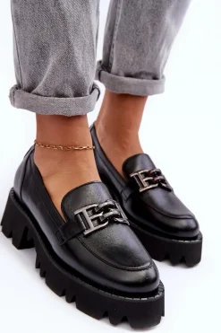 Damskie Skórzane Półbuty Loafersy Z Ozdobą Laura Messi 2699 Czarne