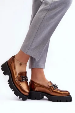 Damskie Skórzane Półbuty Loafersy Z Ozdobą Laura Messi 2699 Złote