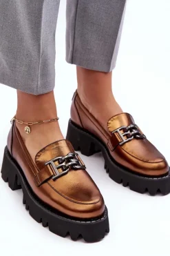 Damskie Skórzane Półbuty Loafersy Z Ozdobą Laura Messi 2699 Złote