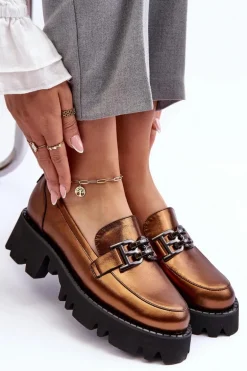 Damskie Skórzane Półbuty Loafersy Z Ozdobą Laura Messi 2699 Złote
