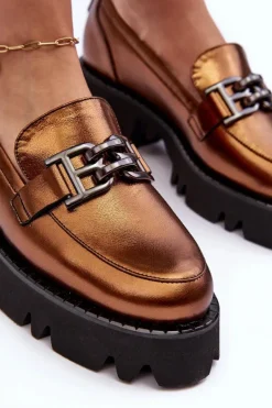 Damskie Skórzane Półbuty Loafersy Z Ozdobą Laura Messi 2699 Złote
