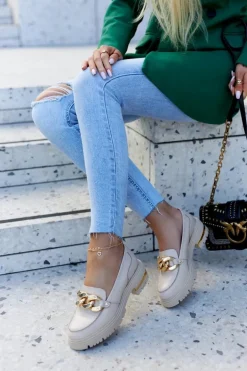 Damskie Skórzane Półbuty Loafery Beżowe Mollie