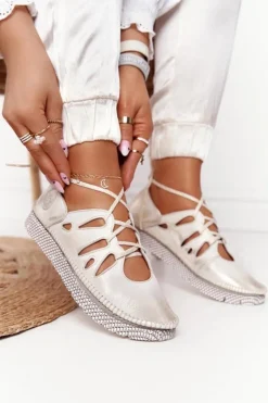 Damskie Skórzane Półbuty Maciejka Beżowo-Złote 04449-25