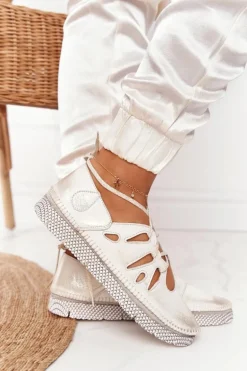 Damskie Skórzane Półbuty Maciejka Beżowo-Złote 04449-25