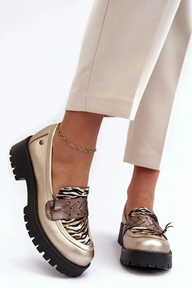 Damskie Skórzane Półbuty Mokasyny Maciejka 06195-25 Złote