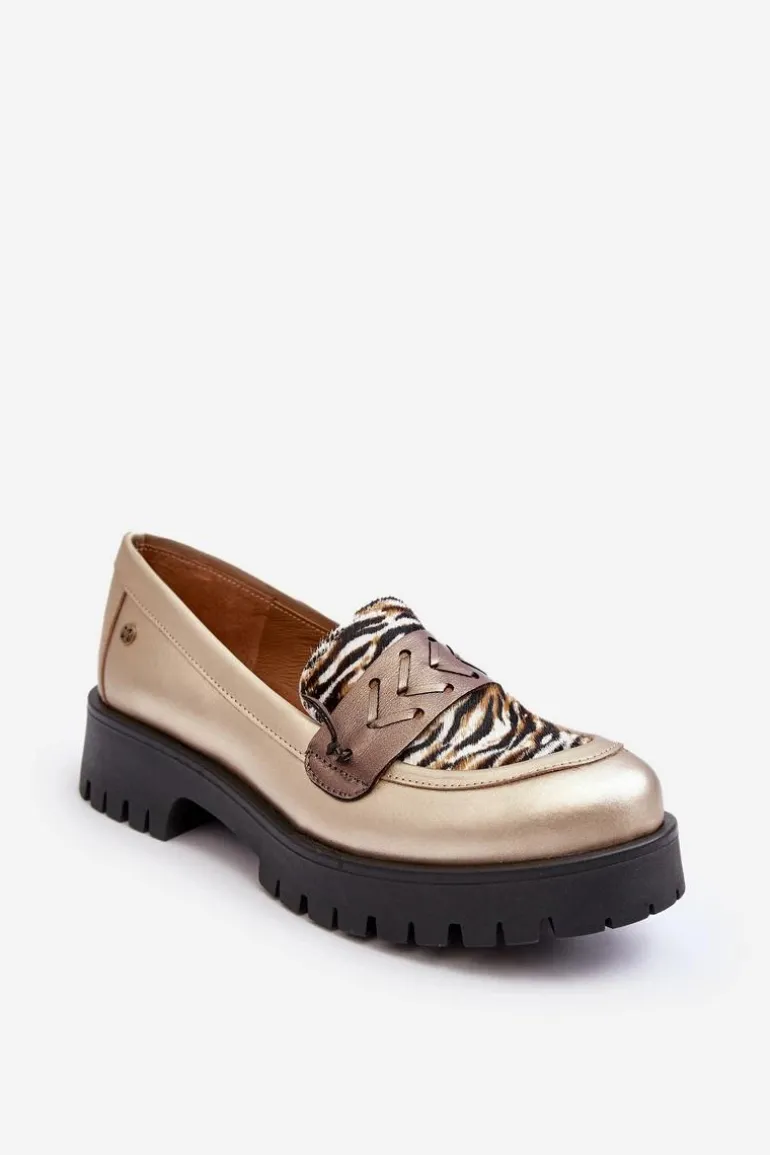 Damskie Skórzane Półbuty Mokasyny Maciejka 06195-25 Złote