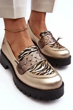 Damskie Skórzane Półbuty Mokasyny Maciejka 06195-25 Złote