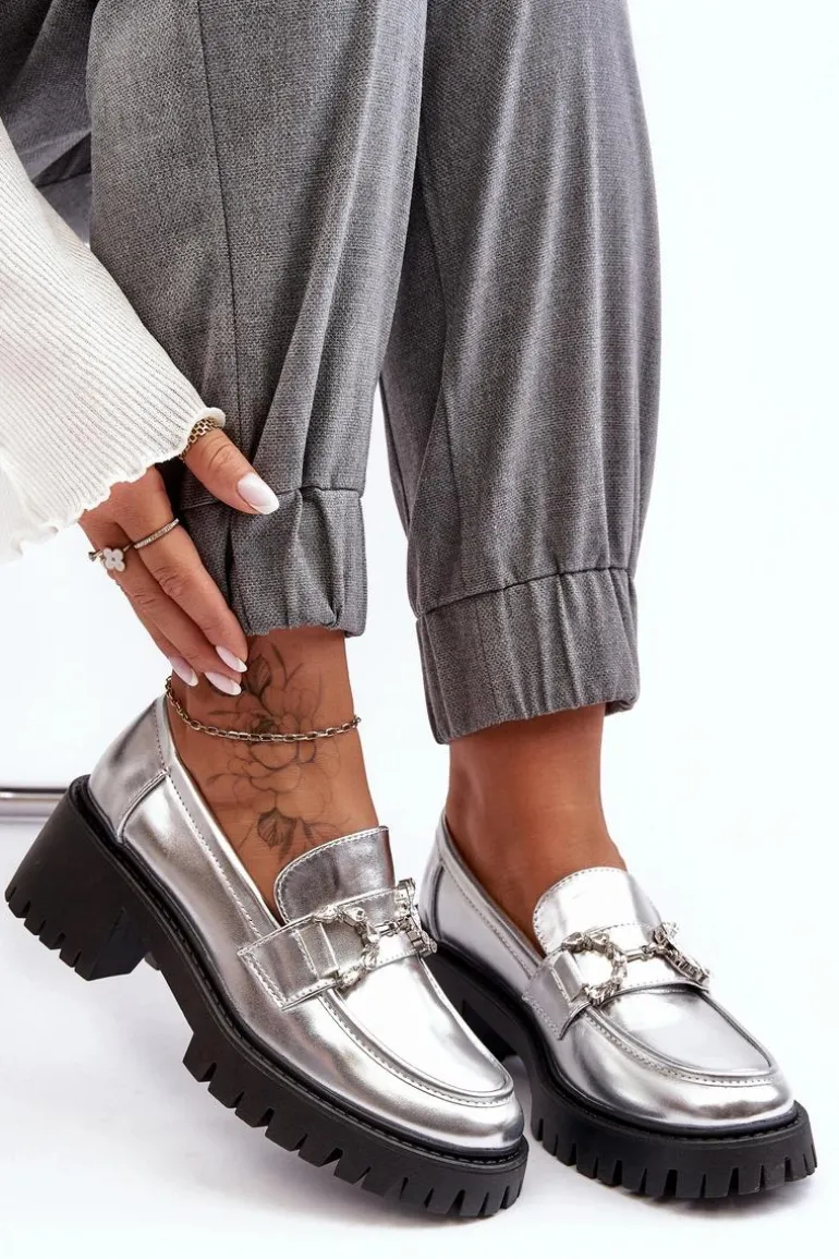 Damskie Skórzane Półbuty Na Masywnym Obcasie Srebrne Lemmitty