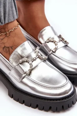 Damskie Skórzane Półbuty Na Masywnym Obcasie Srebrne Lemmitty