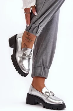 Damskie Skórzane Półbuty Na Masywnym Obcasie Srebrne Lemmitty