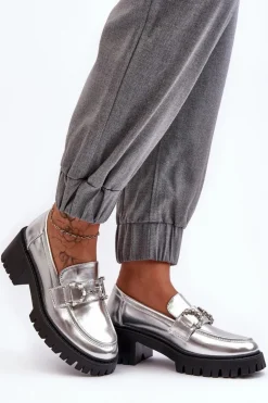 Damskie Skórzane Półbuty Na Masywnym Obcasie Srebrne Lemmitty