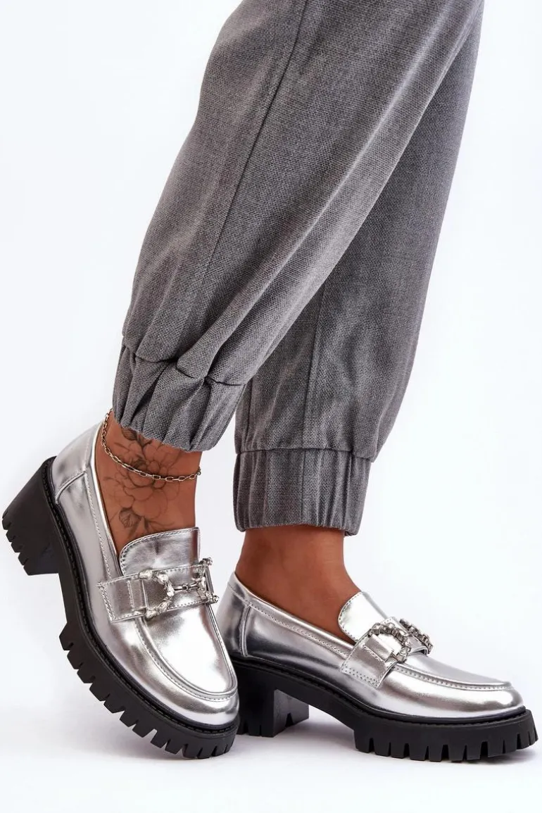 Damskie Skórzane Półbuty Na Masywnym Obcasie Srebrne Lemmitty