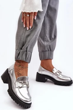 Damskie Skórzane Półbuty Na Masywnym Obcasie Srebrne Lemmitty