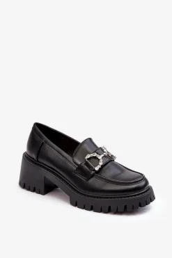 Damskie Skórzane Półbuty Na Masywnym Obcasie Czarne Lemmitty