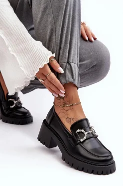 Damskie Skórzane Półbuty Na Masywnym Obcasie Czarne Lemmitty