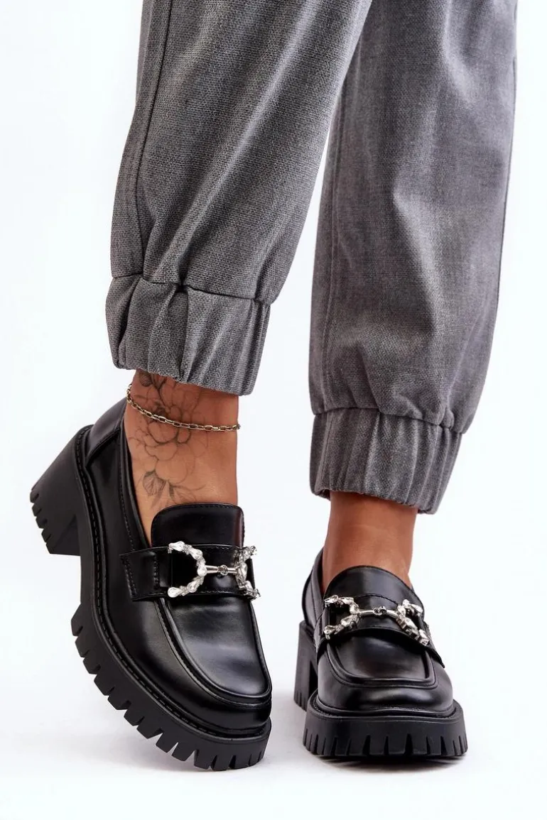 Damskie Skórzane Półbuty Na Masywnym Obcasie Czarne Lemmitty