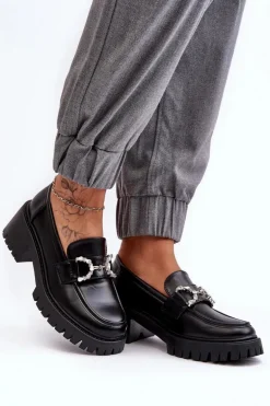 Damskie Skórzane Półbuty Na Masywnym Obcasie Czarne Lemmitty