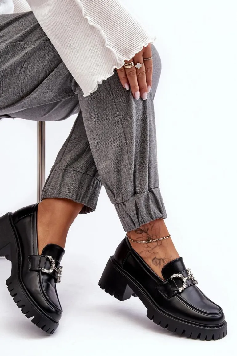 Damskie Skórzane Półbuty Na Masywnym Obcasie Czarne Lemmitty