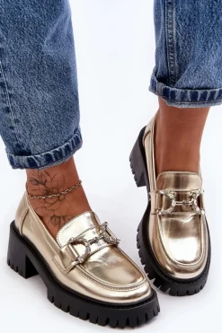 Damskie Skórzane Półbuty Na Masywnym Obcasie Złote Lemmitty