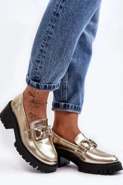 Damskie Skórzane Półbuty Na Masywnym Obcasie Złote Lemmitty