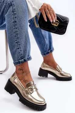 Damskie Skórzane Półbuty Na Masywnym Obcasie Złote Lemmitty