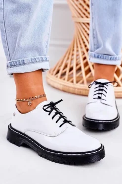 Damskie Skórzane Półbuty Oxfordy Maciejka 04087-11 Białe Lakierowane