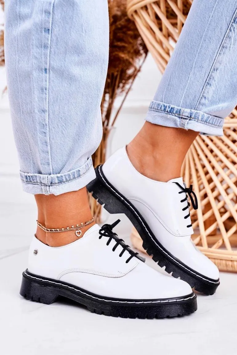 Damskie Skórzane Półbuty Oxfordy Maciejka 04087-11 Białe Lakierowane