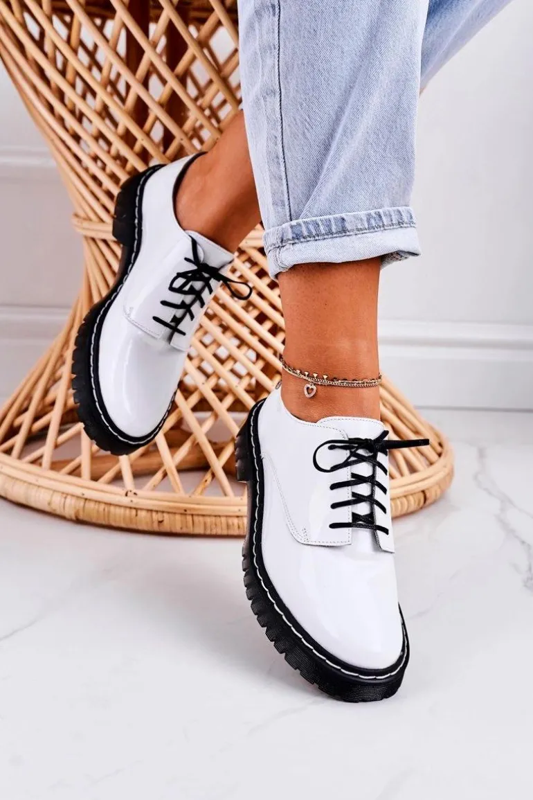 Damskie Skórzane Półbuty Oxfordy Maciejka 04087-11 Białe Lakierowane